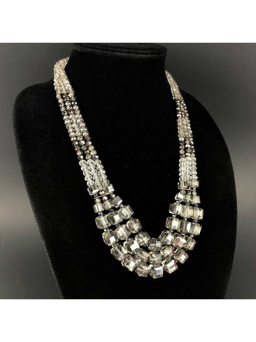 Glass Graduated Beads Triple Width Necklace Adjustable Smoke and Clear